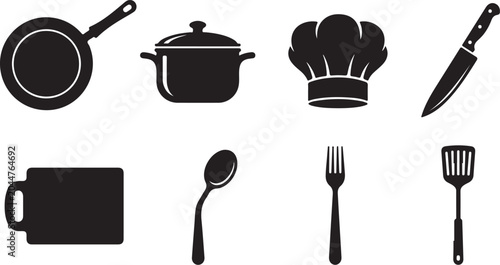 Εκτύπωση καμβά Kitchen Utensils Icons, Cooking Symbols, Black Silhouette Set, 8 Elements