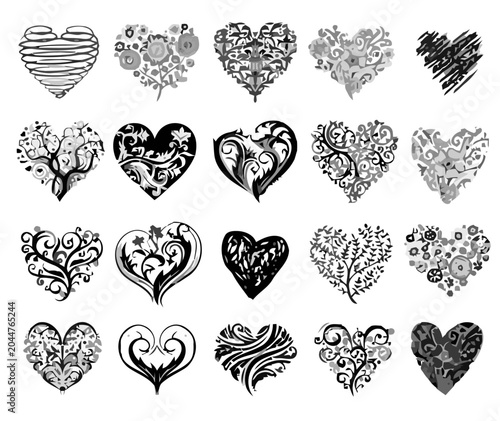 Heart Icons Set with Various Ornamental Designs