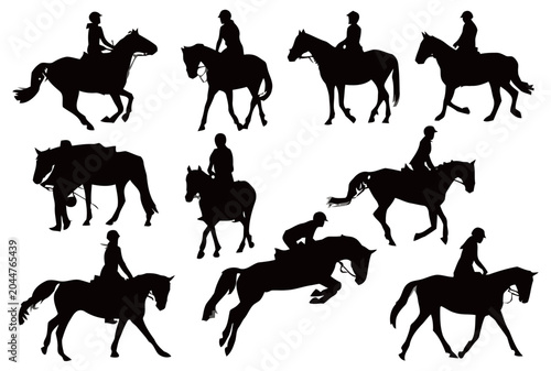Horse Rider Silhouettes Collection, Jumping and Galloping Poses, Equestrian Sport