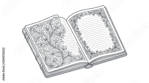 Open Antique Book with Ornate Pages and Detailed Illustrations.