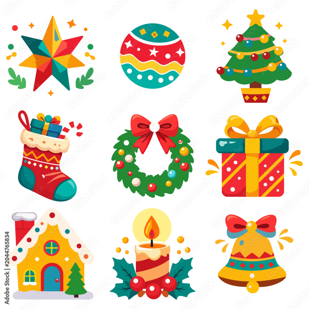 Naklejka premium Cute Christmas vector icon set featuring a star, bauble, tree, stocking, wreath, gift, gingerbread house, candle, and bell. Perfect festive holiday clipart.