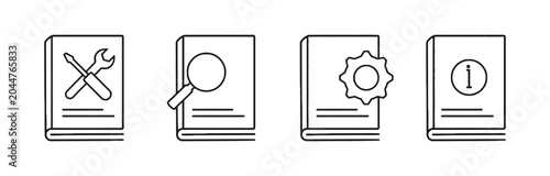 Instruction Manual Icons: Tool, Magnifier, Gear, Info