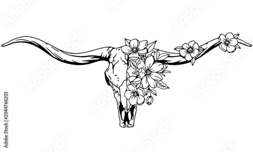 Longhorn skull with wildflowers, western boho art