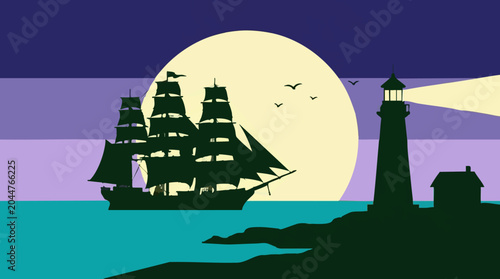 Foto Moonlit nautical scene with tall ship and lighthouse silhouette