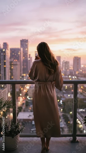 Woman in a silk robe standing on a balcony holding a cup and looking out at the city skyscrapers during sunset