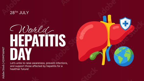 World hepatitis day awareness poster illustration with liver, shield, and globe