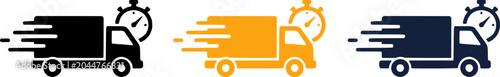 Valokuva Three delivery trucks in black, orange, and dark blue, speeding with motion lines and gears, symbolizing fast and efficient logistics and transportation services