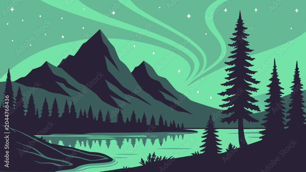 Fototapeta premium Aurora Mountain Silhouette Vector