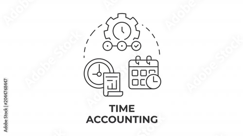 Time accounting line concept icon animation. Optimizing workforce efficiency. Tracking project hour allocation. Animated outline round motion graphic. Minimal HD video with alpha channel