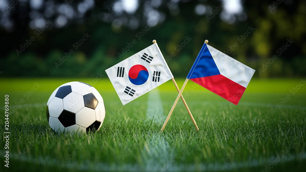 Fototapeta premium South Korean and Czech Republic Flags with Soccer Ball on Grass Field