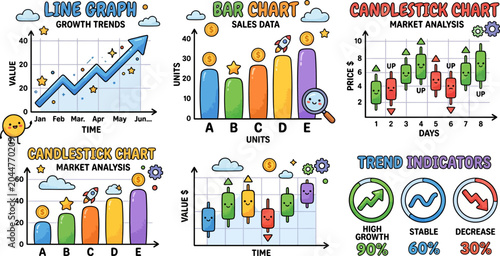 Cute cartoon analytics charts set