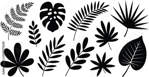 Collection of black leaf silhouette vector illustrations showing various botanical foliage shapes isolated on white background for design use