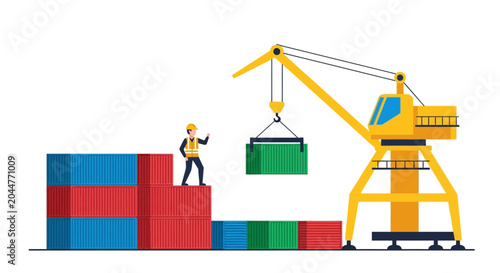Tableau sur toile Logistics worker supervising cargo crane loading containers at shipping port
