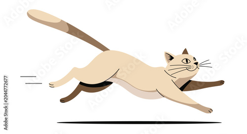 Foto Playful cartoon of a siamese cat jumping and running quickly across a white background with action motion lines