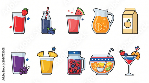 Collection of colorful assorted beverages and drinks in various glasses and containers