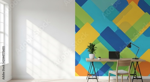 Modern home office interior with a colorful geometric wallpaper, a wooden desk, a laptop, a small plant, and a chair, creating a vibrant and creative workspace atmosphere