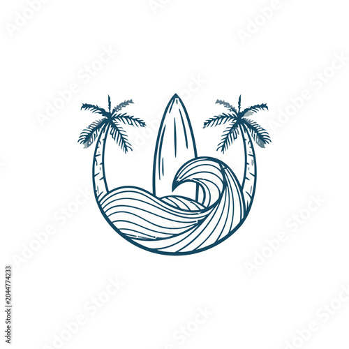 Surfboard and Palm Trees Icon on White Background, Vector Art