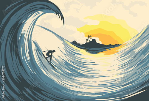 Surfer riding massive wave at sunset, tropical island
