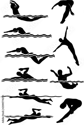 Swimmers silhouette set, diverse strokes and dives, sport and activity