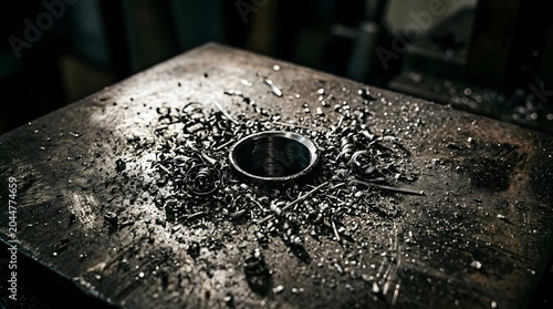 Metal shavings around precision drilled hole in industrial steel plate inside factory shop.