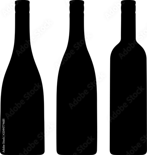 Three Black Wine Bottles Silhouette on White Background, Beverage Concept