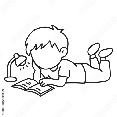 Outline of Boy Reading Book Under Lamp