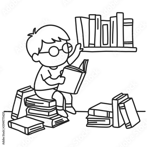 Handdrawn of Boy Reading Books in a Library