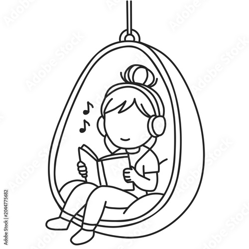 Line Art of Girl Reading and Listening to Music in a Hanging Chair