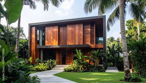 Modern Tropical Home Exterior with Lush Greenery and Wood Facade.