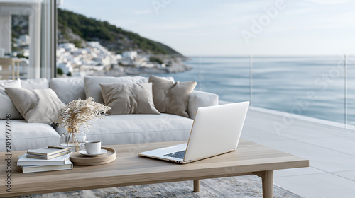 Luxury Digital Nomad Workspace Concept, Sleek Laptop on Modern Terrace Overlooking Inspiring Landscape, Premium Remote Work Atmosphere, Warm Natural Lighting, Minimalist Design Aesthetic

