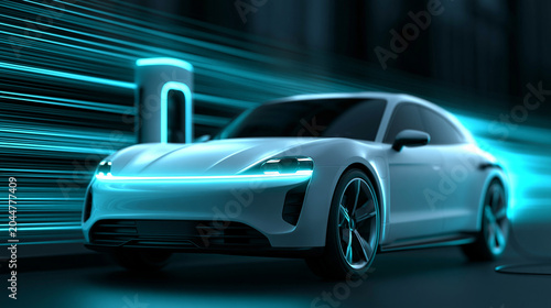 Electric Vehicle Charging Concept, Modern Charging Station Illuminated by Clean Blue Energy Flows, Sustainable Transportation Visualization, Premium Eco-Friendly Atmosphere

