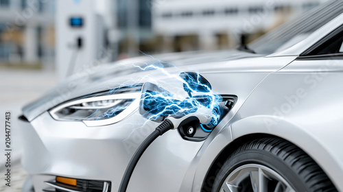 Electric Vehicle Charging Concept, Modern Charging Station Illuminated by Clean Blue Energy Flows, Sustainable Transportation Visualization, Premium Eco-Friendly Atmosphere

