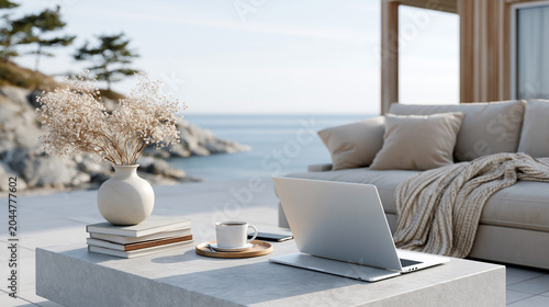 Luxury Digital Nomad Workspace Concept, Sleek Laptop on Modern Terrace Overlooking Inspiring Landscape, Premium Remote Work Atmosphere, Warm Natural Lighting, Minimalist Design Aesthetic

