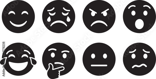 Emotion Icons, Facial Expressions, Black Emojis, Vector Emoticons, Reaction Faces