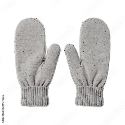 Warm Gray Woolen Mittens Isolated on White Background