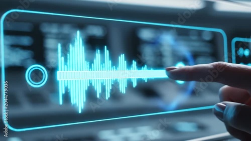 Hyper realistic hologram tech interface with finger controlling soundwave visualization on futuristic glowing digital panel