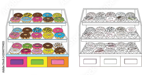 Foto Bakery donut display case illustration, colorful pastry shop rack and black and