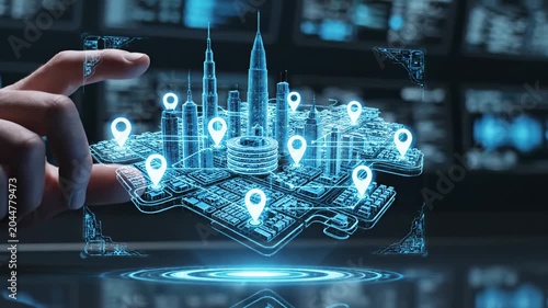 Hyper realistic hologram tech city map with glowing buildings and location markers on futuristic digital interface display