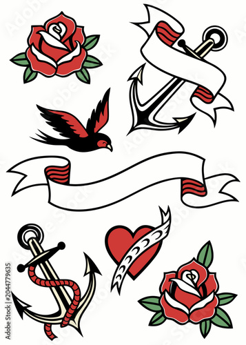 Old school traditional tattoo flash icons set, vector