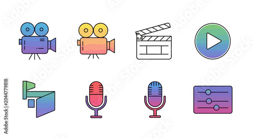 Fotografía Colorful film production equipment icons on white background