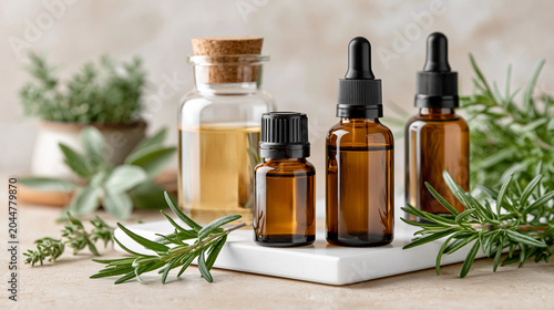 Luxury Aromatherapy Concept, Elegant Amber Glass Essential Oil Bottles Surrounded by Fresh Botanical Herbs, Warm Natural Sunlight, Calming Atmosphere

