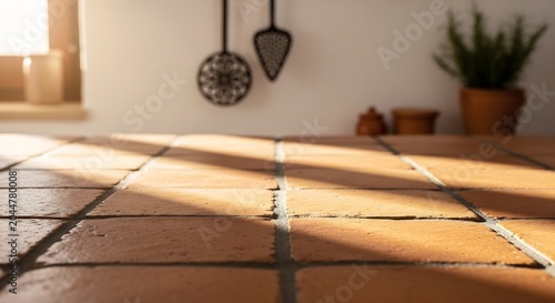 Sunlit terracotta tile floor with tools.
