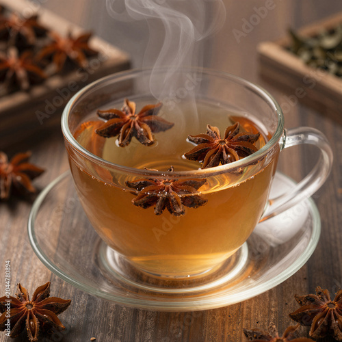Warm herbal tea with star anise in a glass cup, steam rising, cozy mood lighting, aromatic beverage concept