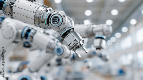 Modern Industrial Automation Concept, Advanced Robotic Arms Operating in Factory Environment, Precise Manufacturing Technology, Clean Organized Production Atmosphere

