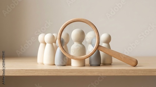 Magnifying Glass Focuses on One Person in a Group of Wooden Figurines.