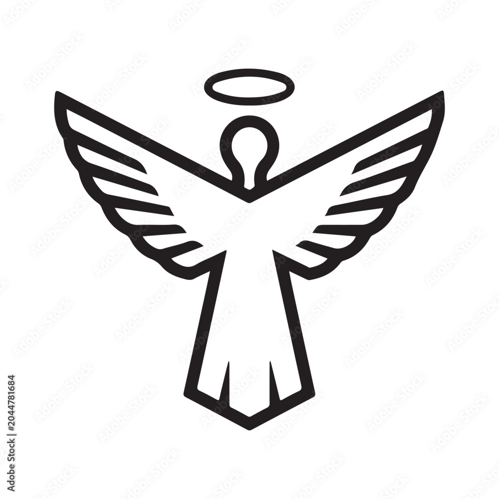 Naklejka premium Angel icon with spread wings and halo line art for spiritual and religious design
