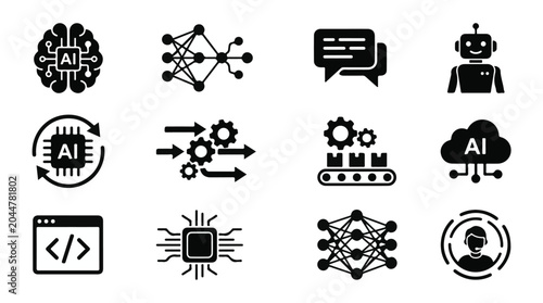 Modern Vector Icons Illustrating Core Concepts of Artificial Intelligence, Machine Learning, and Neural Networks