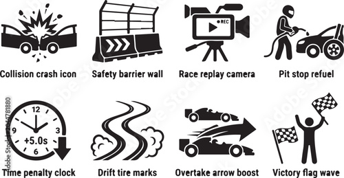 Racing icons, motorsport symbols, speedway illustrations, vector set