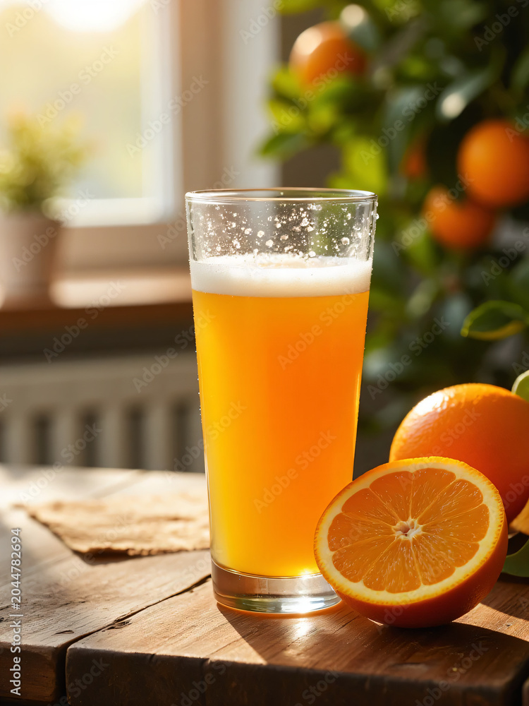 Fototapeta premium Freshly squeezed orange juice with ice cubes in a glass on wooden table