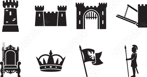 Medieval icons, royal symbols, castle elements, black silhouette graphics